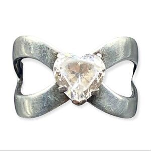 Heart CZ Ladies Bow Ring Sterling Silver size 6.75 Signed DQ Korea 925